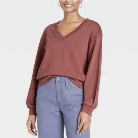 Universal Thread Balloon Sleeve Sweatshirt S Rust Red V Neck Relaxed - Picture 2 of 3